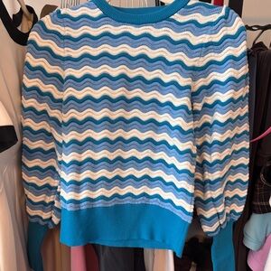 French Connection Blue and White Wave Knit Crewneck Sweater